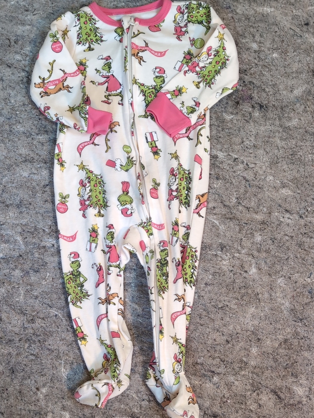 Holiday Grinch Print Pink-Trim Footed One-Piece Sleeper 6/9 Months